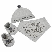 HBB254-G: Grey Bib, Hat & Bootee Set